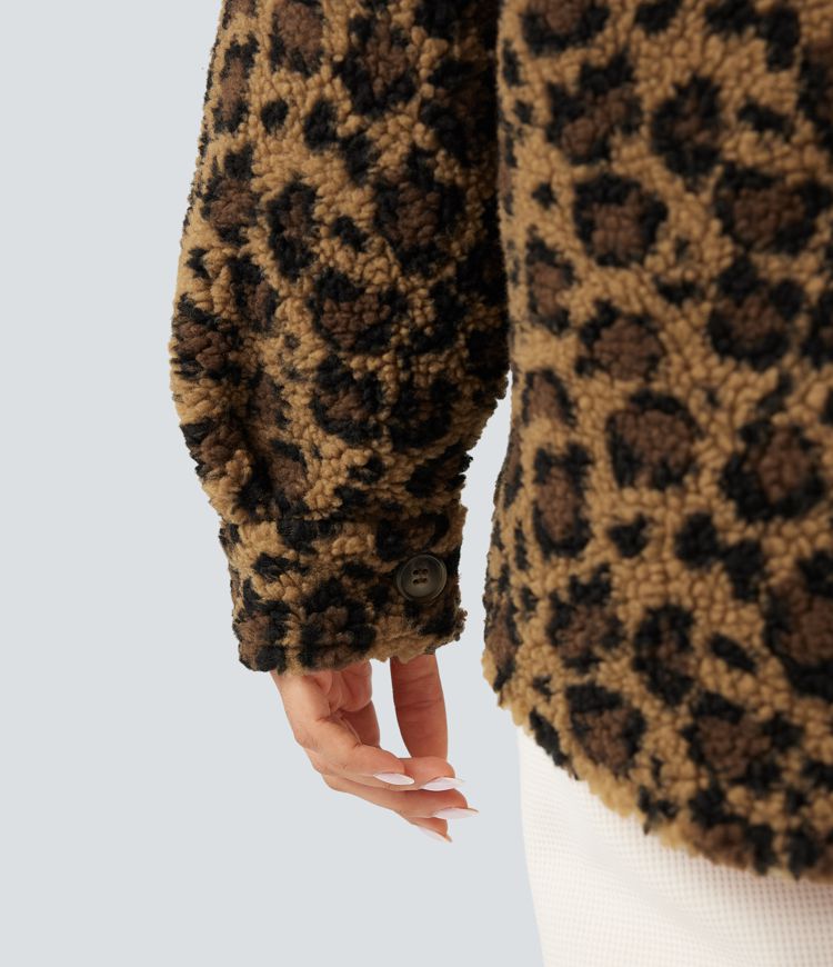 Collar Long Sleeve Curved Hem Casual Shacket Sherpa Jacket with Pockets