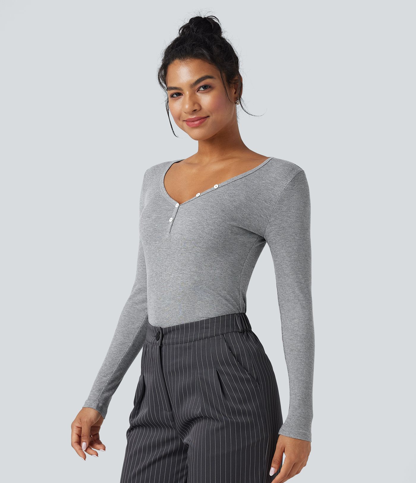 T-shirt côtelé col V manches longues