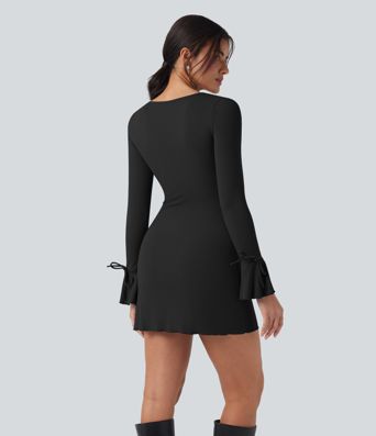 Square Neck Lace Up Flounce Long Sleeve Mini Casual Dress