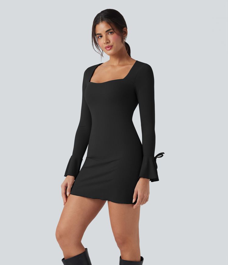 Square Neck Lace Up Flounce Long Sleeve Mini Casual Dress
