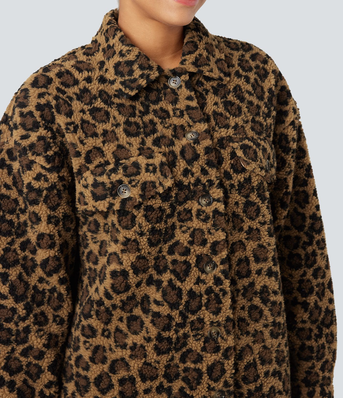 Collar Long Sleeve Curved Hem Casual Shacket Sherpa Jacket with Pockets