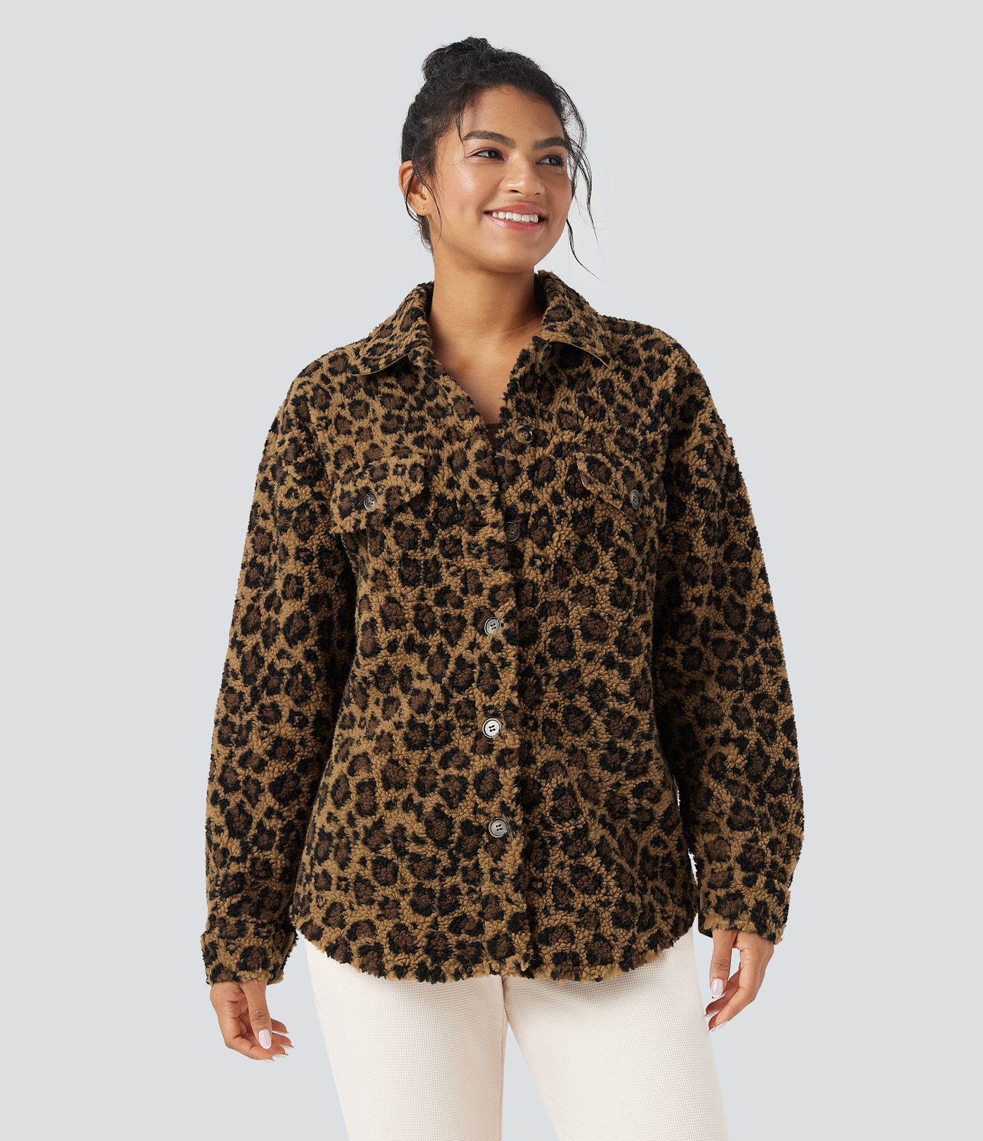 Collar Long Sleeve Curved Hem Casual Shacket Sherpa Jacket with Pockets