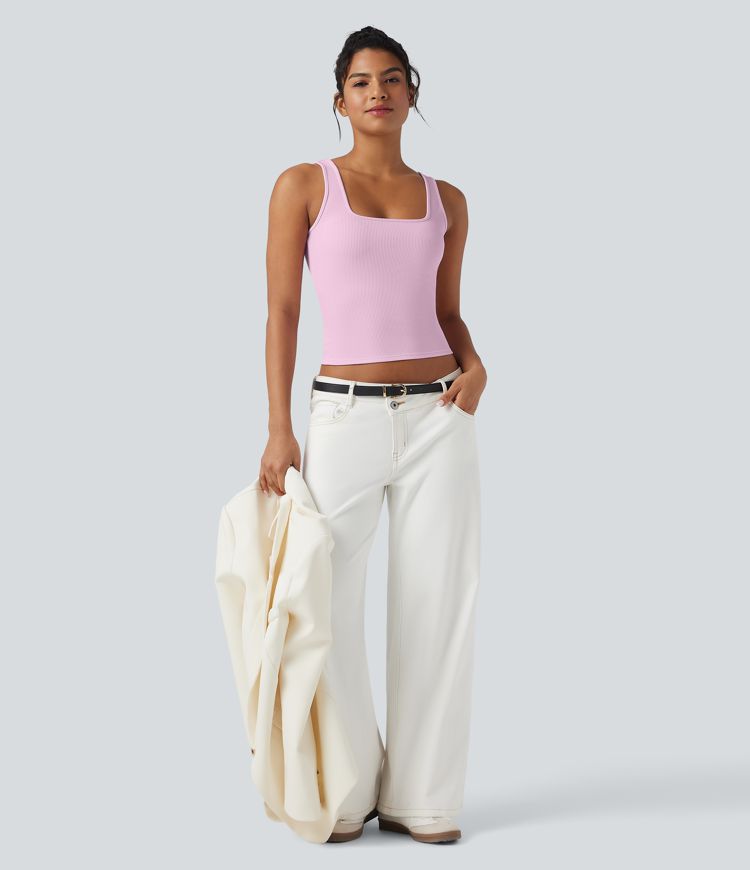 Ribbed Knit Square Neck Casual Tank Top