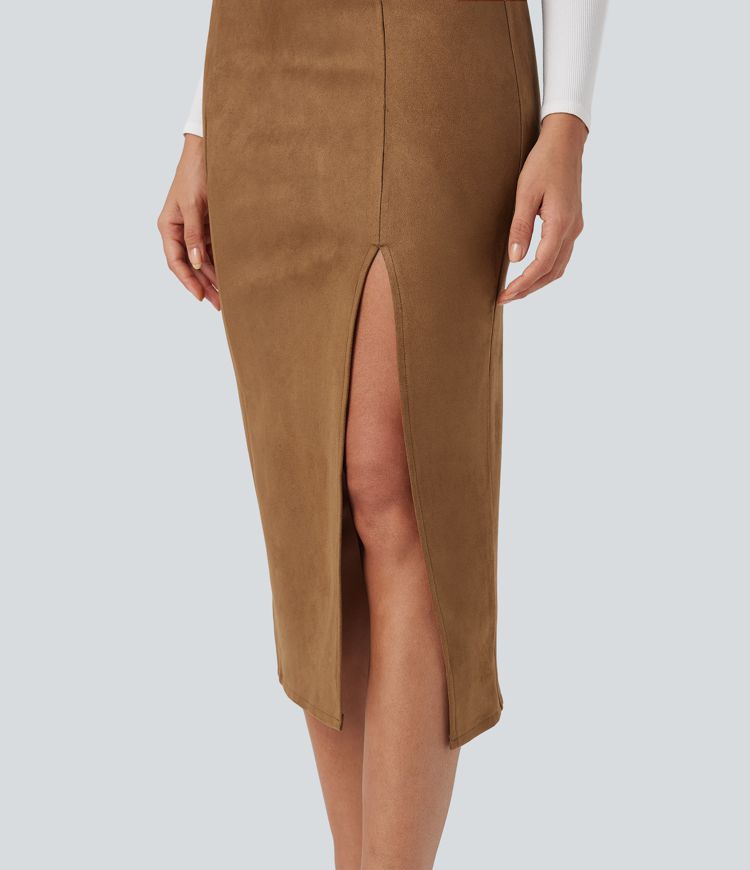 Falda midi casual ajustada de ante con tiro alto