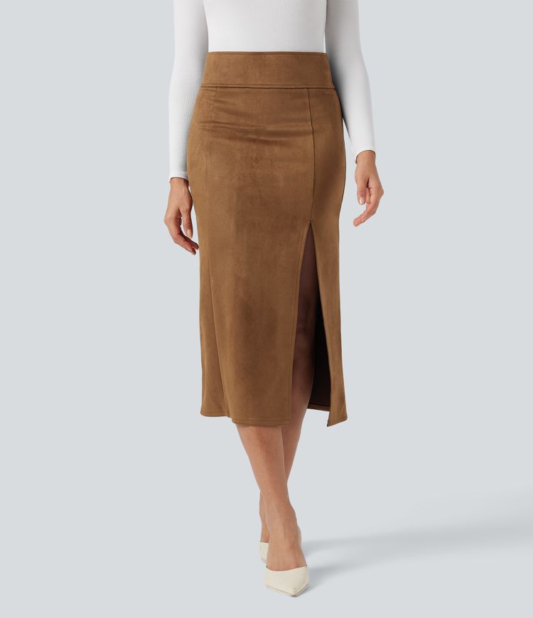 Falda midi casual ajustada de ante con tiro alto