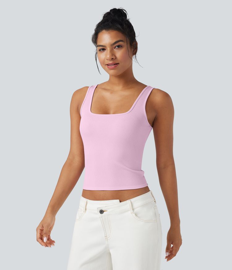 Ribbed Knit Square Neck Casual Tank Top