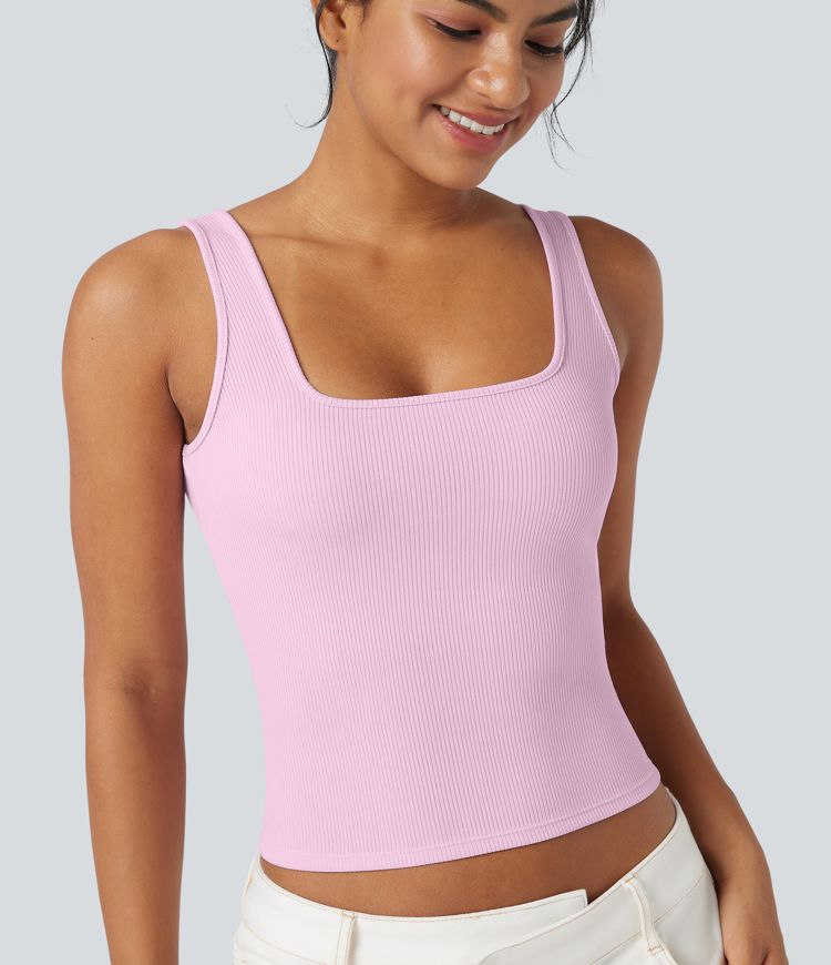 Ribbed Knit Square Neck Casual Tank Top