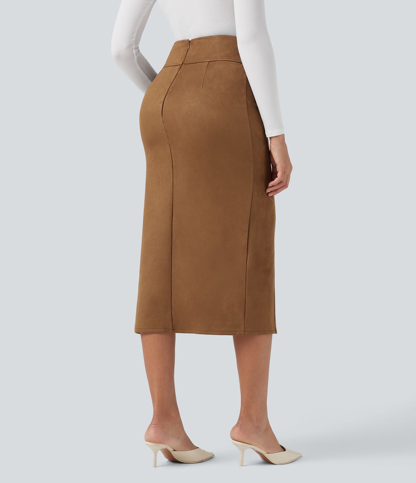 Jupe midi moulante en daim taille haute