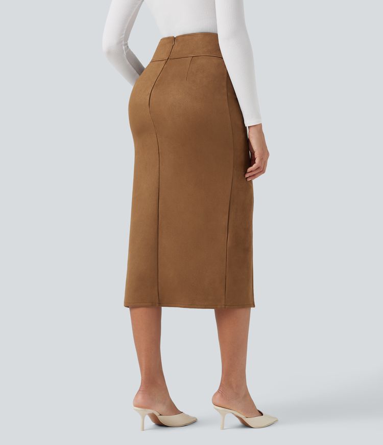 High Waisted Bodycon Suede Midi Casual Skirt