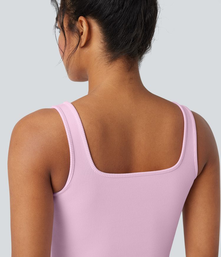 Ribbed Knit Square Neck Casual Tank Top