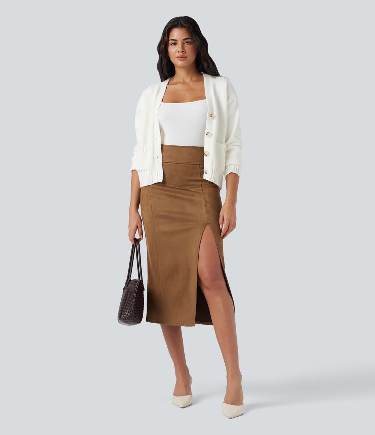 Falda midi casual ajustada de ante con tiro alto