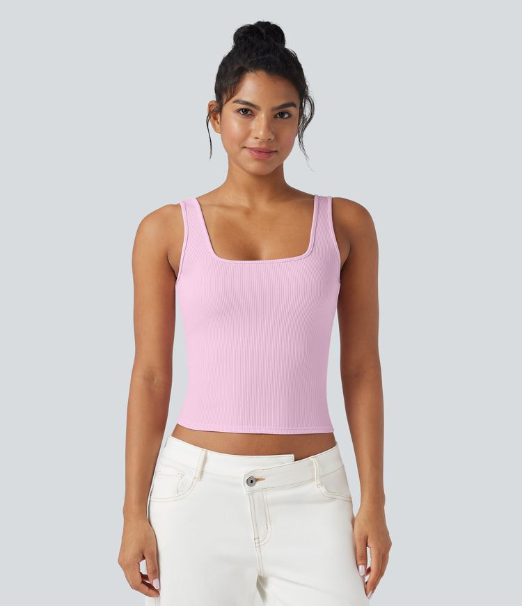 Ribbed Knit Square Neck Casual Tank Top