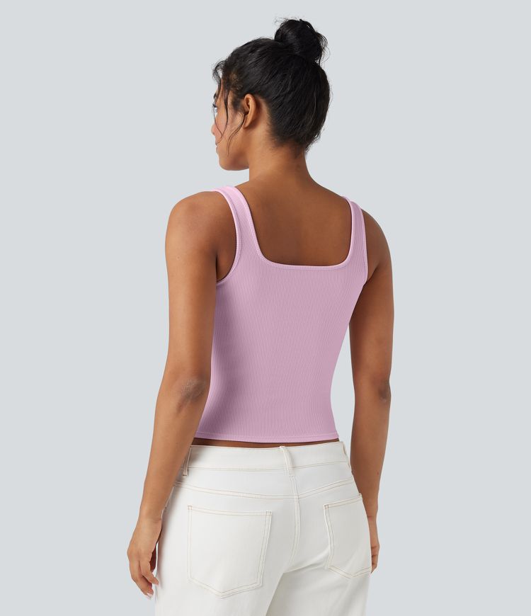 Ribbed Knit Square Neck Casual Tank Top