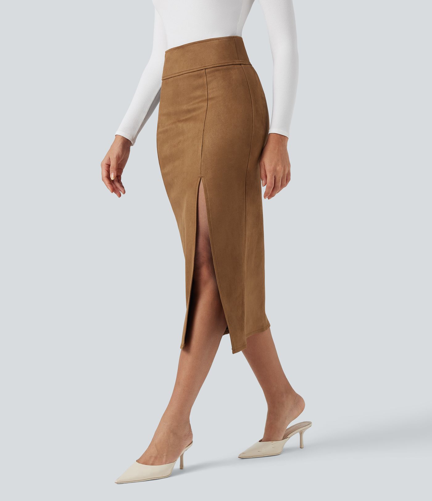 Jupe midi moulante en daim taille haute