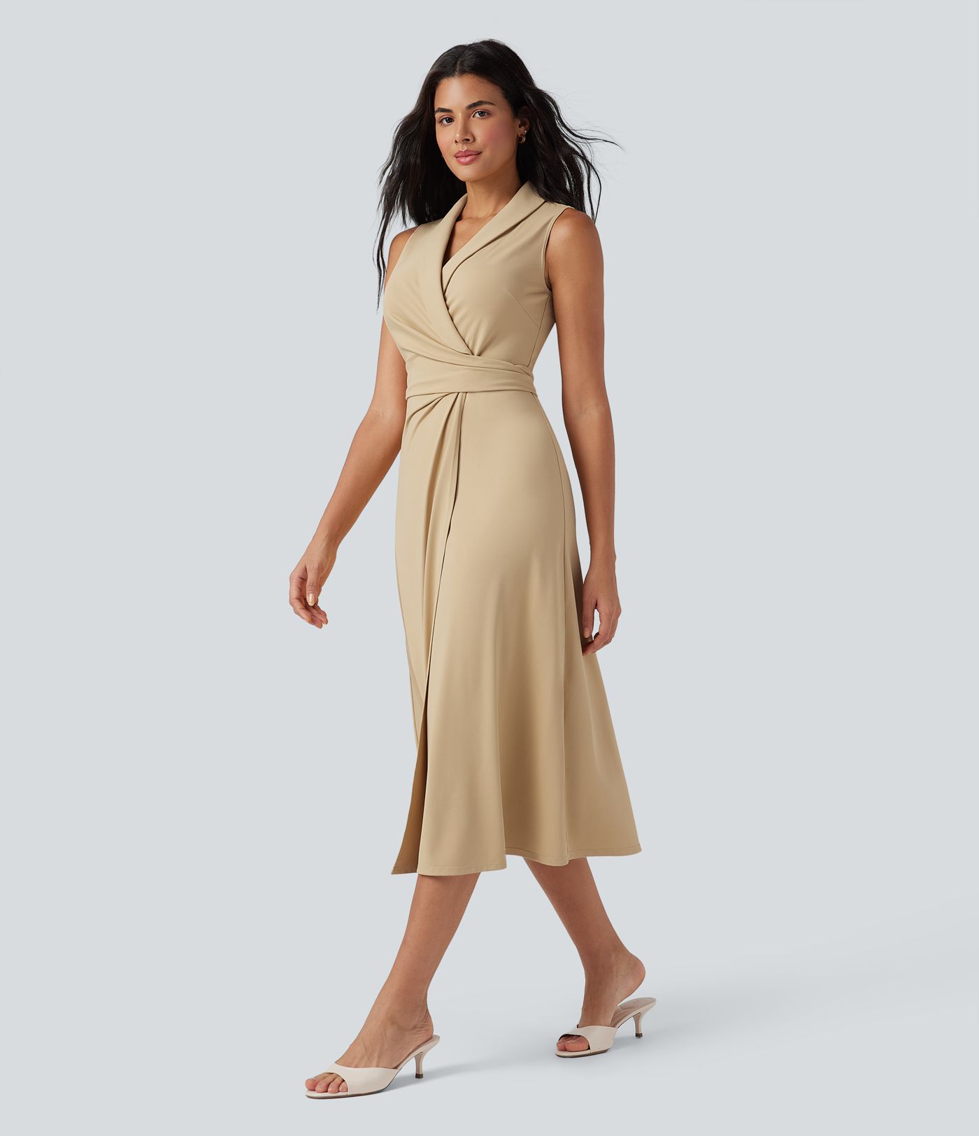 V Neck Sleeveless Tie Back Midi Work Dress