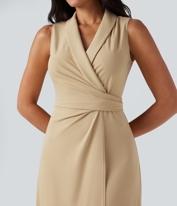 V Neck Sleeveless Tie Back Midi Work Dress