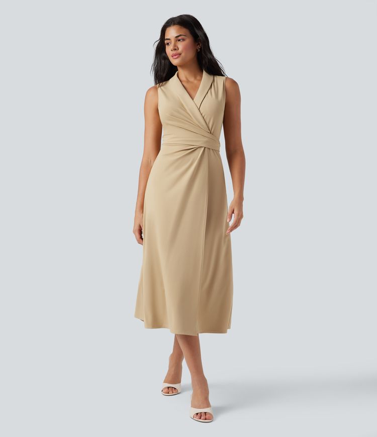 V Neck Sleeveless Tie Back Midi Work Dress