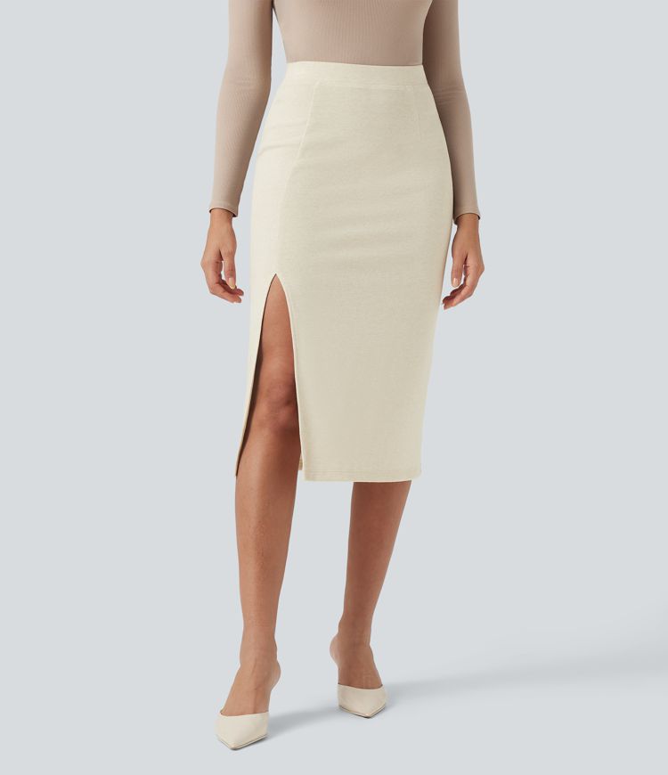 Jupe mi-longue moulante fendue taille haute