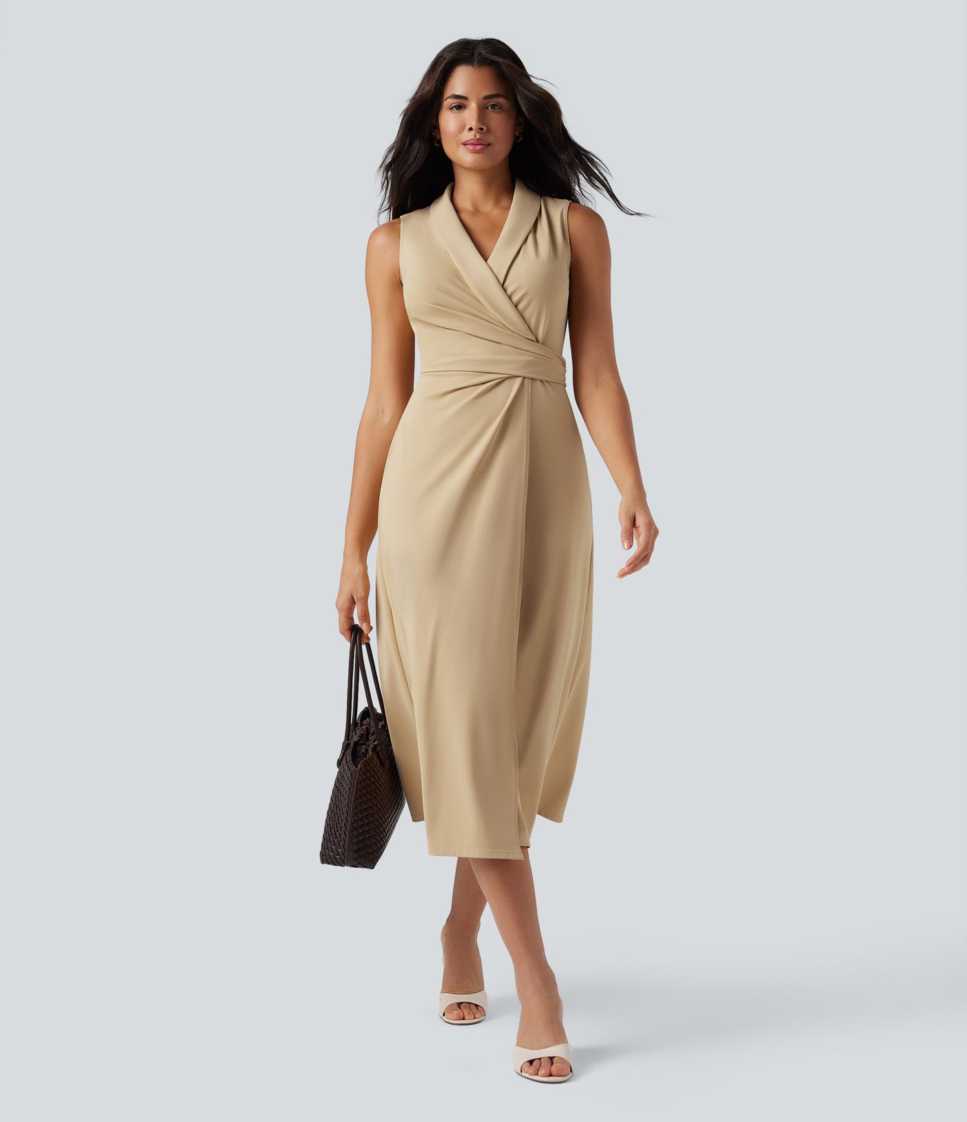 V Neck Sleeveless Tie Back Midi Work Dress