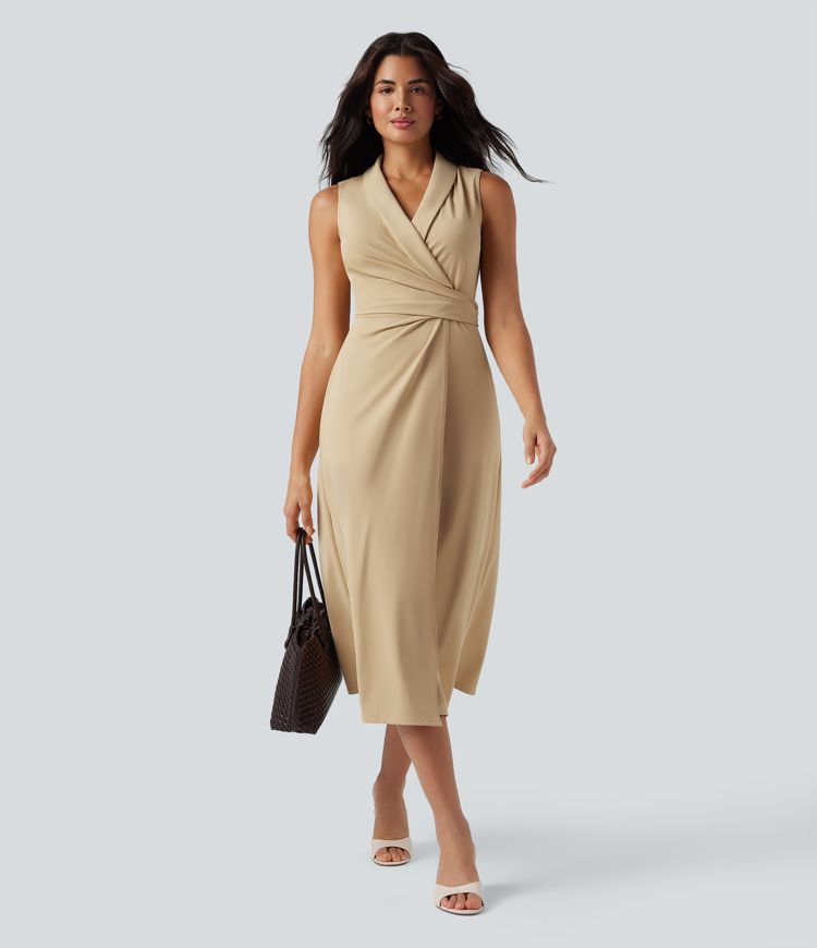 V Neck Sleeveless Tie Back Midi Work Dress