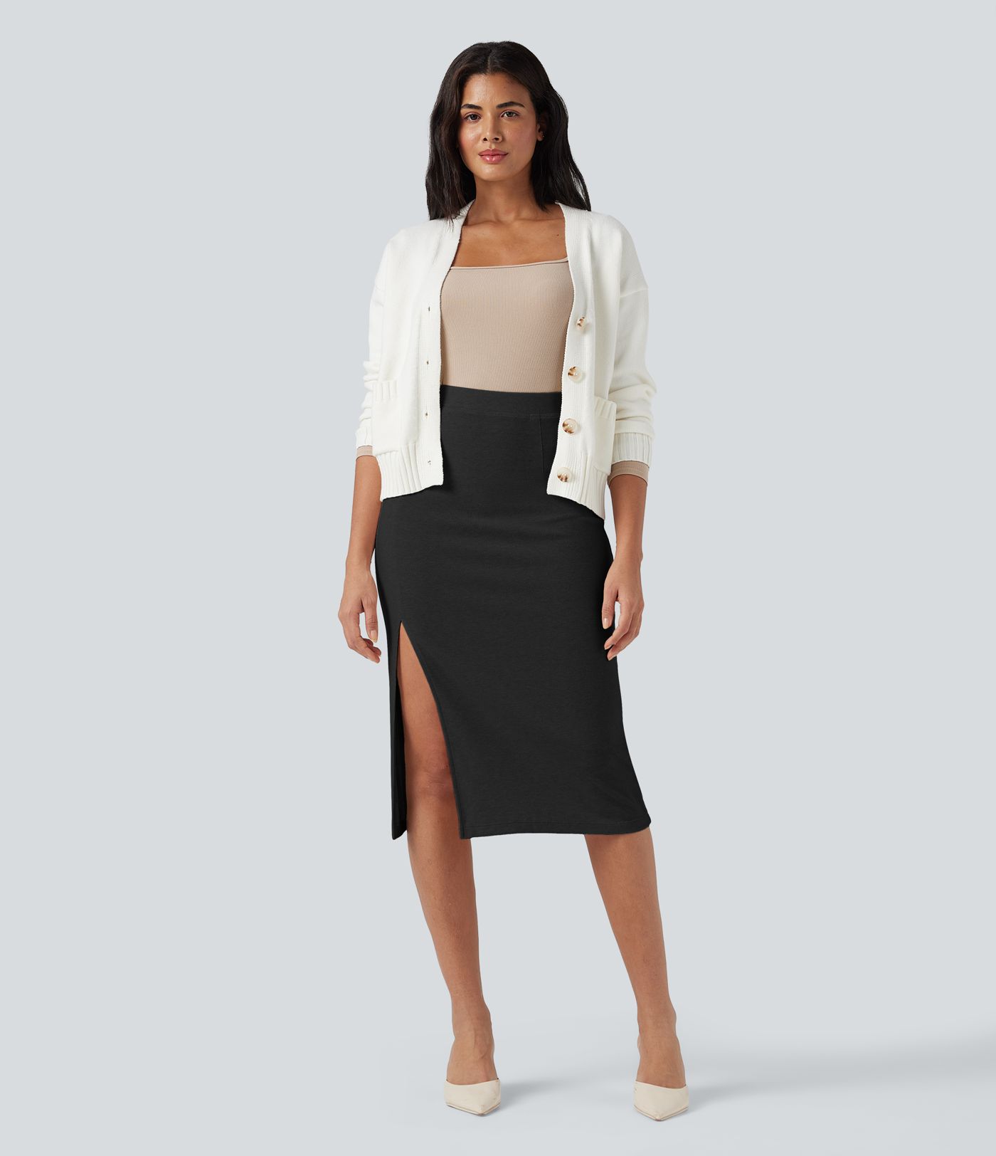 High Waisted Split Midi Casual Bodycon Skirt