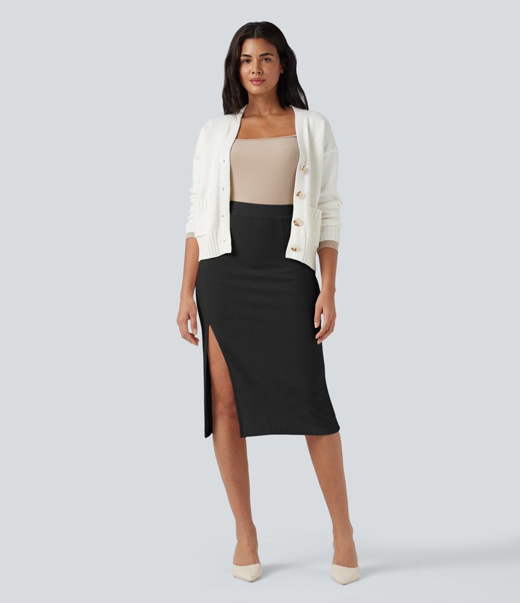 High Waisted Split Midi Casual Bodycon Skirt