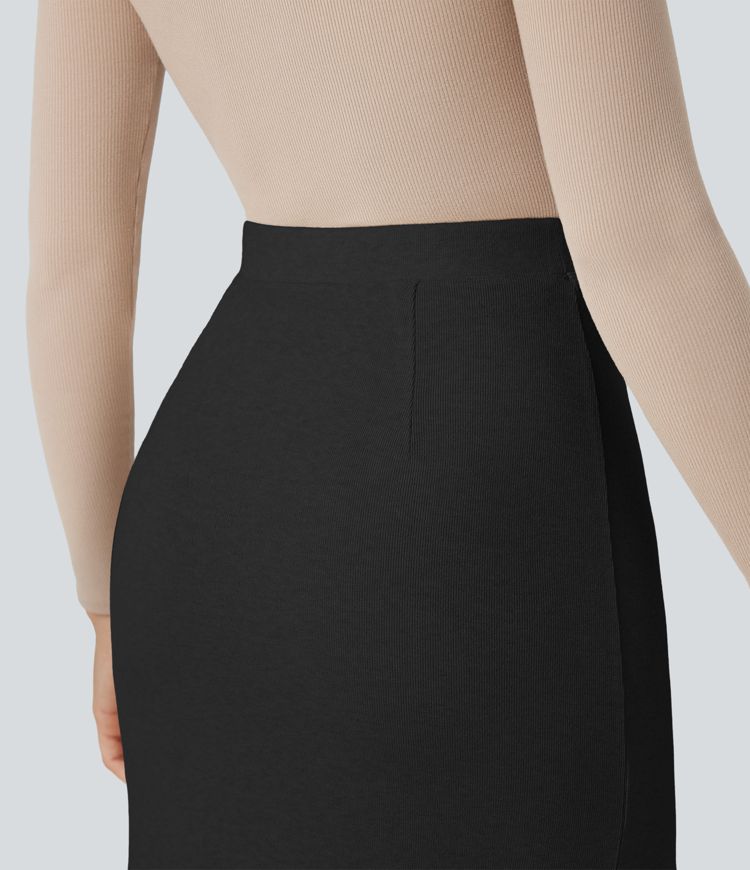 High Waisted Split Midi Casual Bodycon Skirt