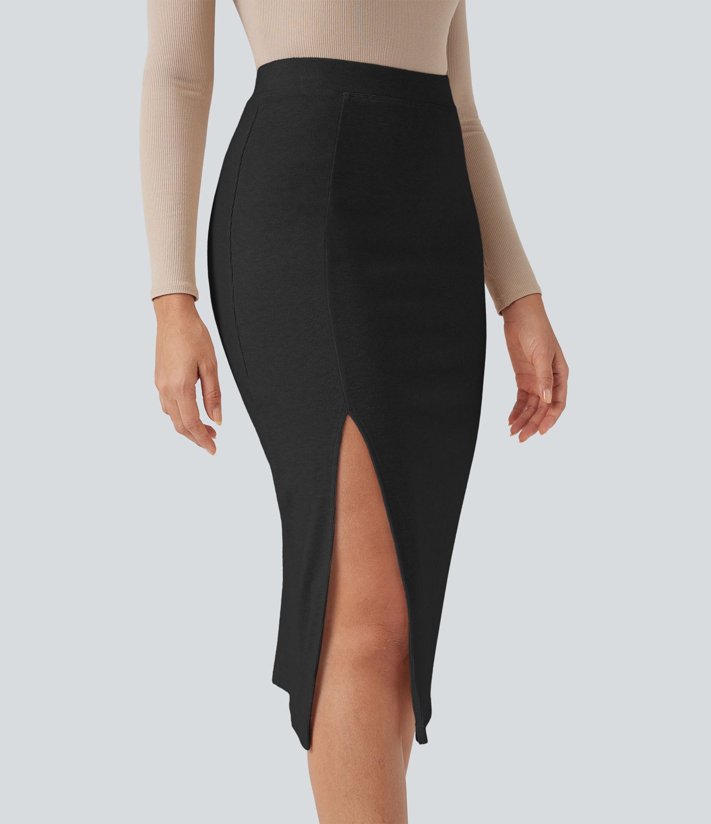 High Waisted Split Midi Casual Bodycon Skirt