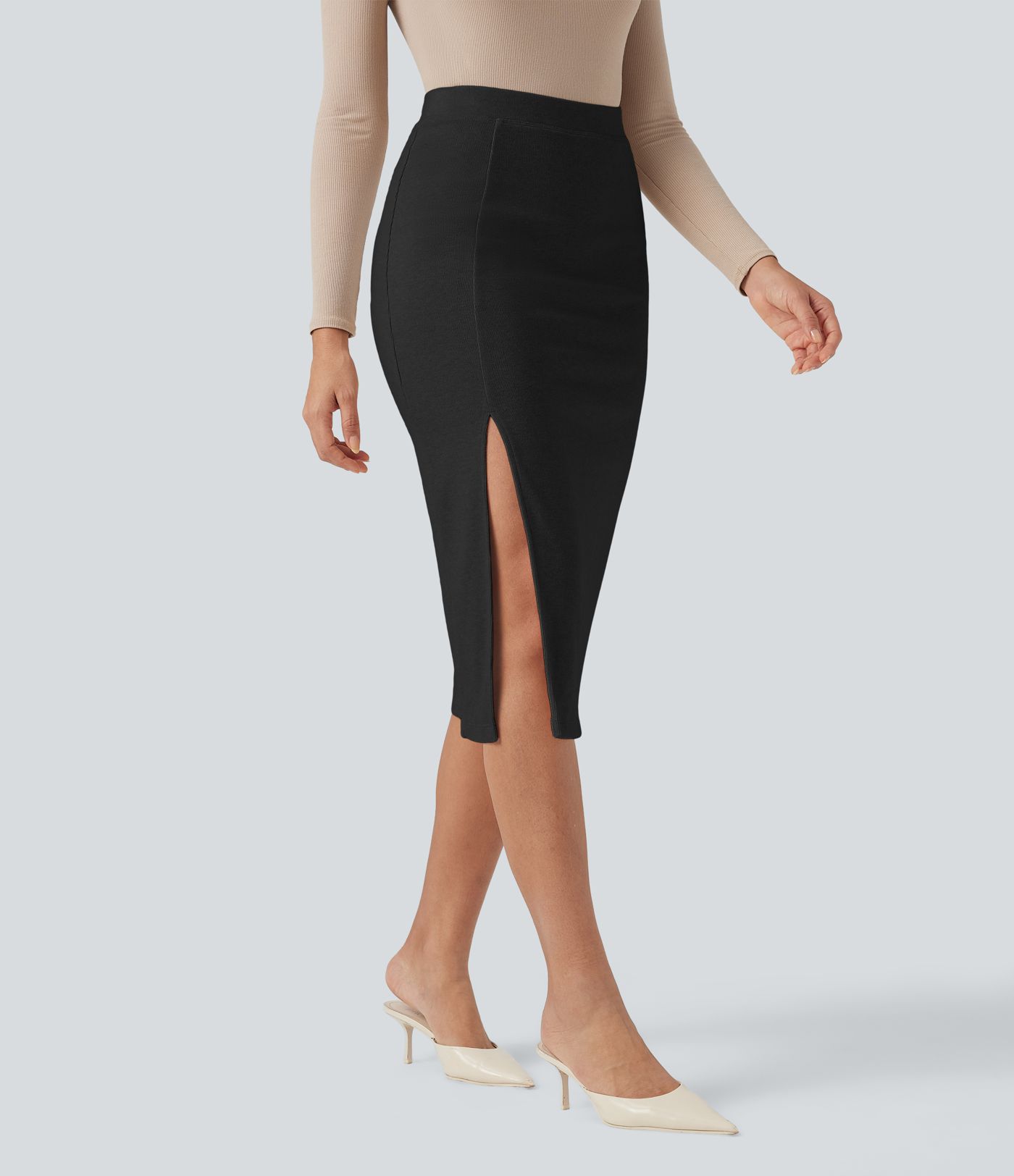 High Waisted Split Midi Casual Bodycon Skirt