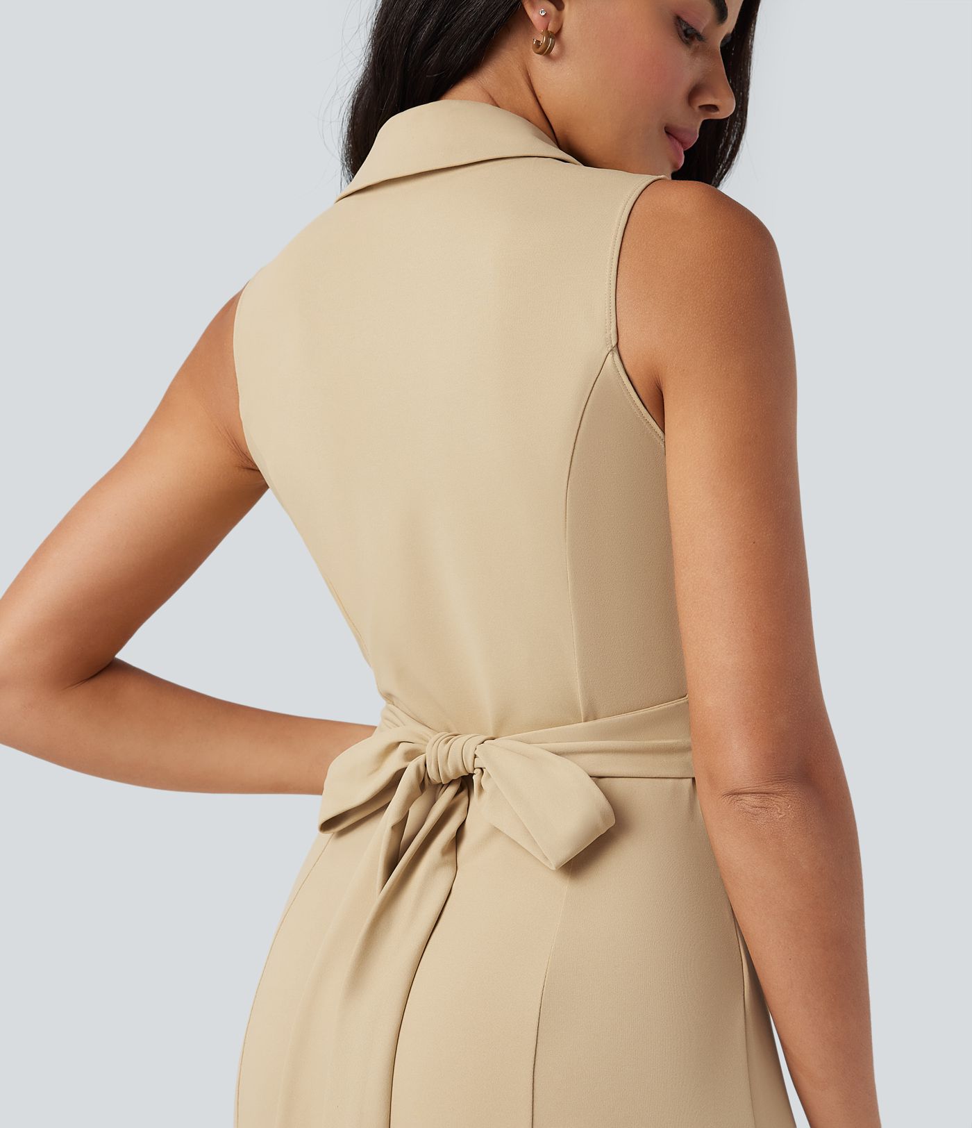 V Neck Sleeveless Tie Back Midi Work Dress