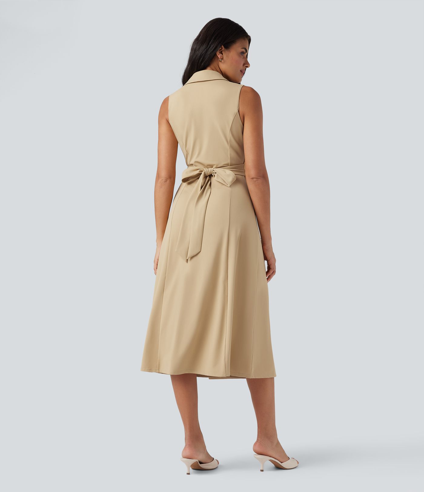 V Neck Sleeveless Tie Back Midi Work Dress