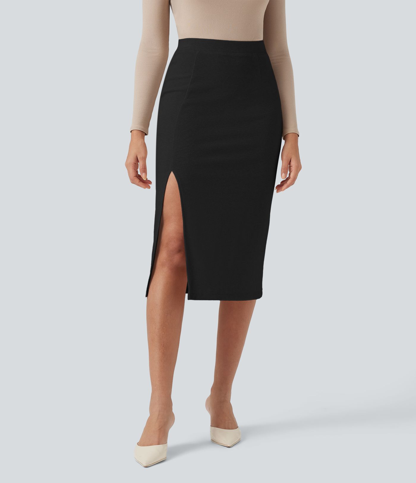 High Waisted Split Midi Casual Bodycon Skirt