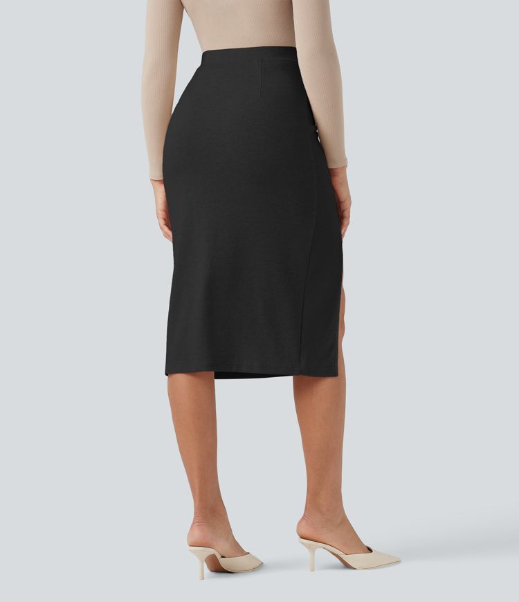 High Waisted Split Midi Casual Bodycon Skirt