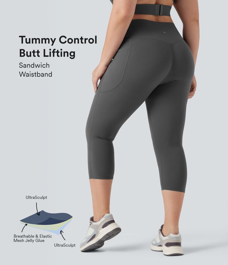 Plus Size Halara UltraSculpt™ SoCinched High Waisted Butt Lifting Tummy Control Capri Training Leggings with Pockets