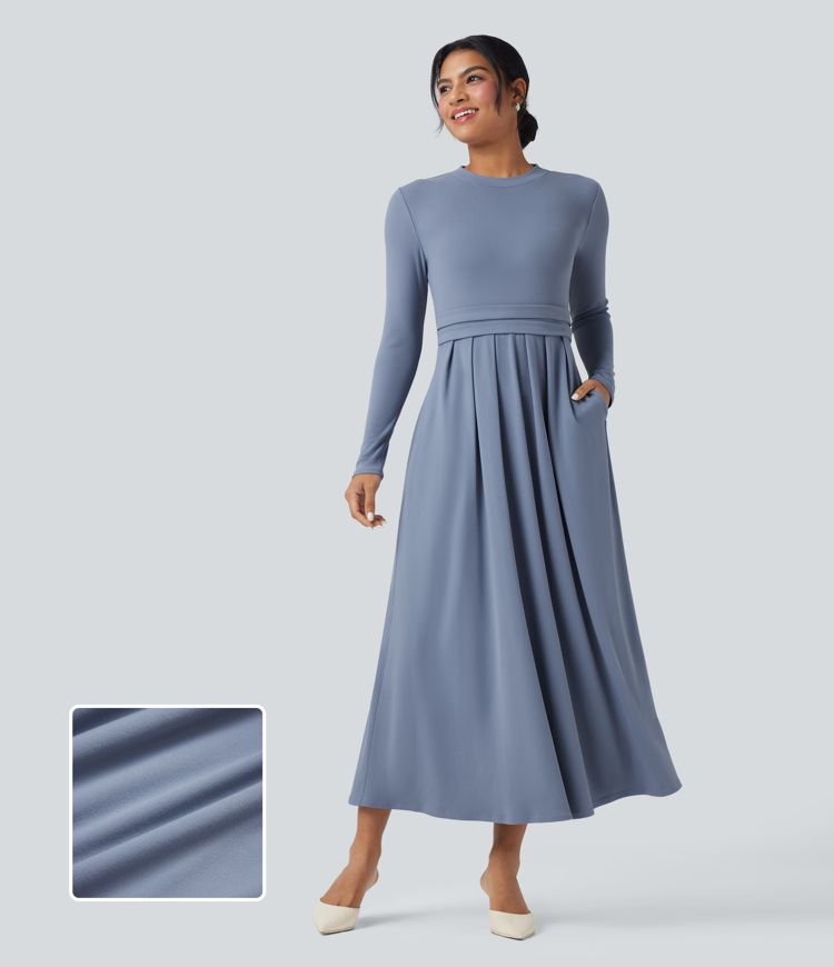 Mock-neck Long Sleeve  A-line Casual Maxi Dress with Pockets