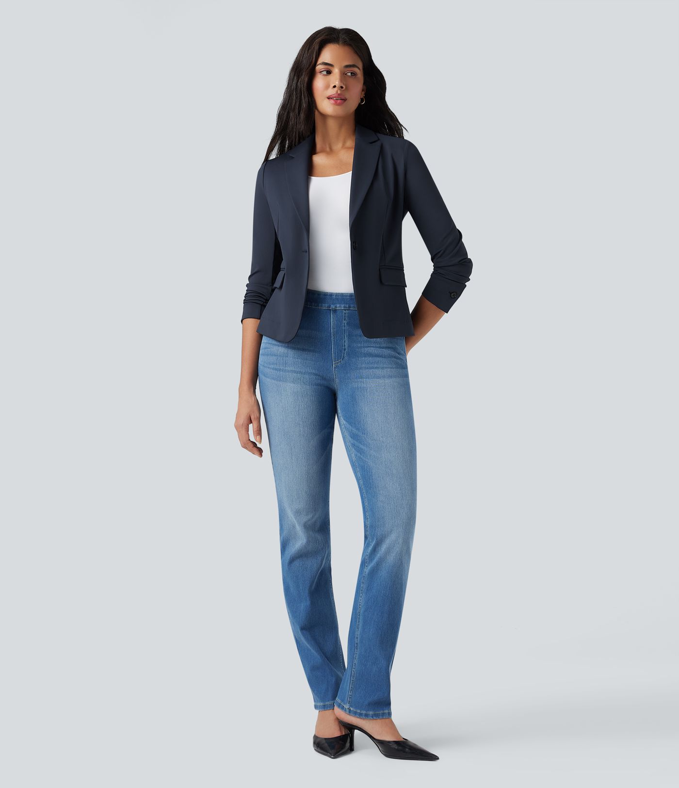 Blazer de trabalho com lapela com entalhe, mangas compridas e bolsos