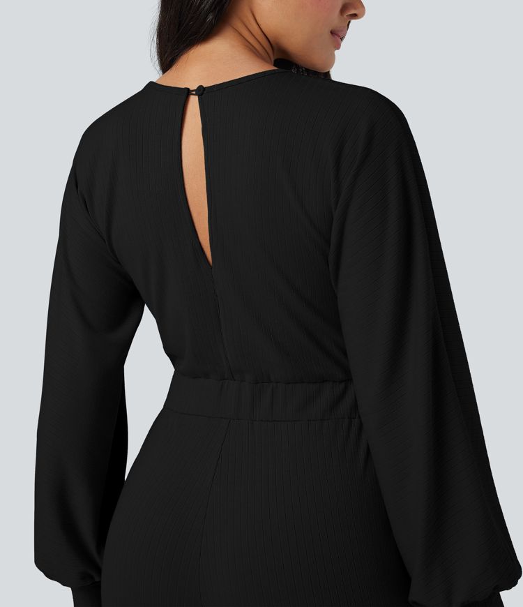 V Neck Keyhole Back Long Sleeve Wide Leg Casual Jumpsuit