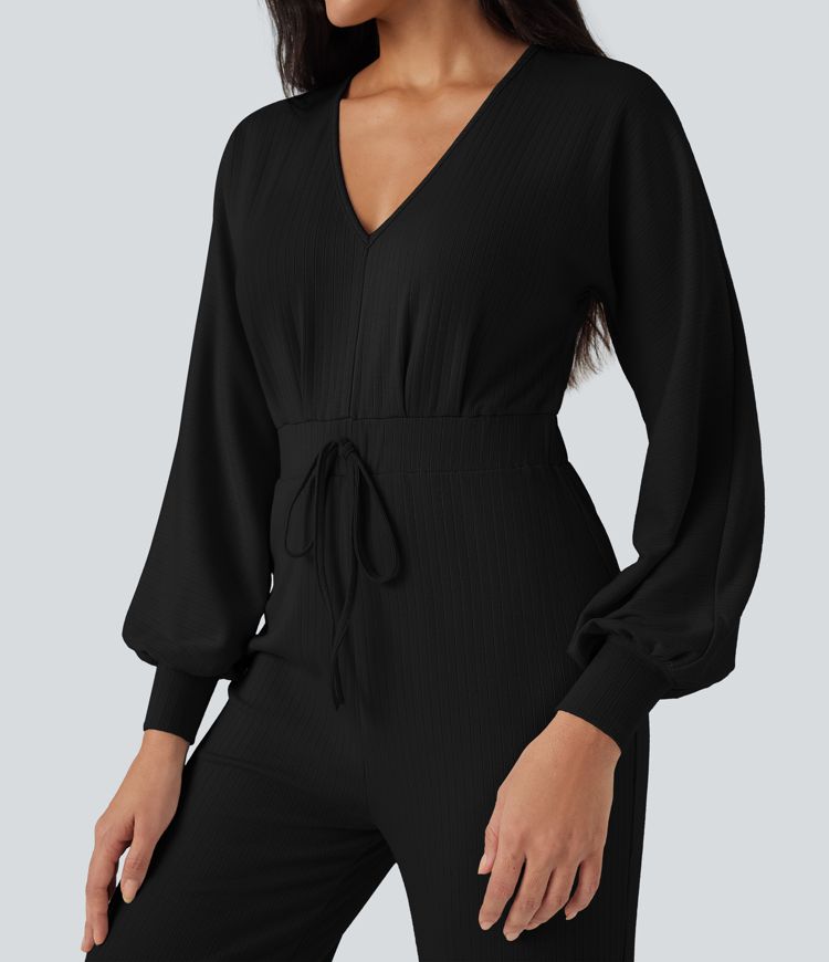 V Neck Keyhole Back Long Sleeve Wide Leg Casual Jumpsuit
