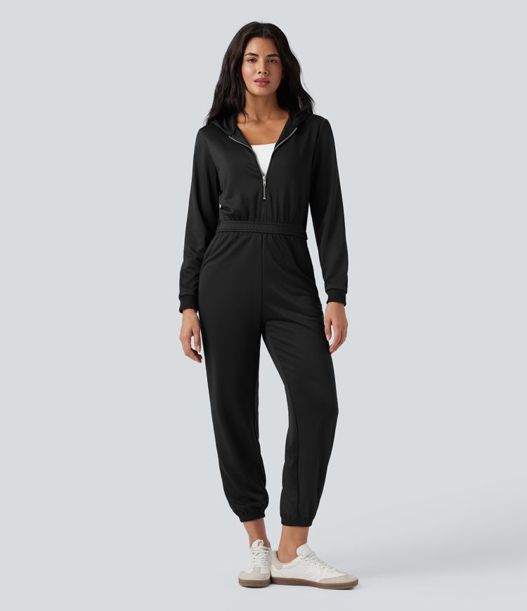 Schwarz Lässiger Jogger-Jumpsuit mit Kapuze, langen Ärmeln und Taschen - Easy Peezy Edition / 1