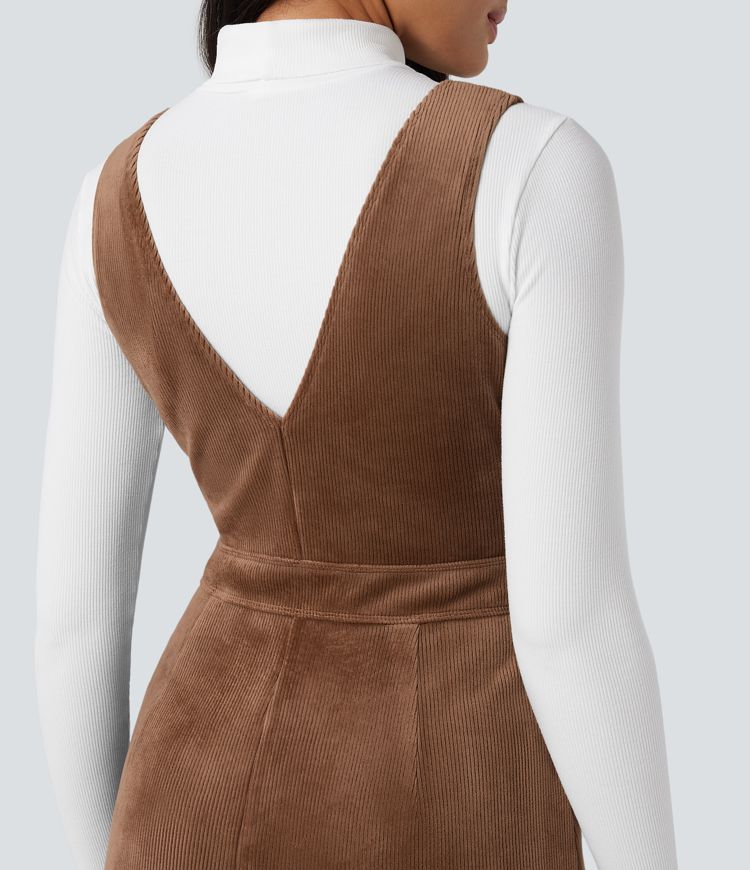 V-neck Sleeveless Fleece Corduroy Casual Pinafore Dress