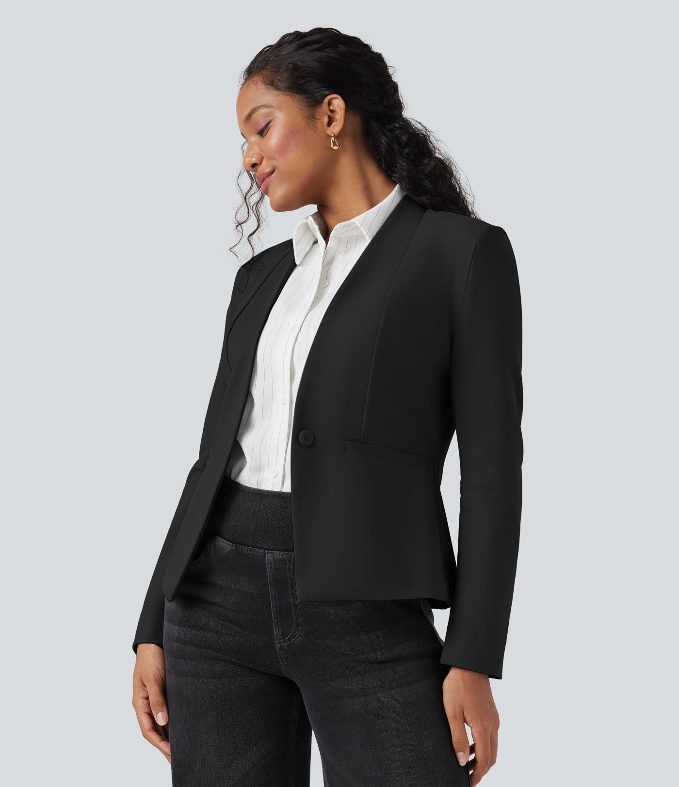 Long Sleeve Twill Slim Work Blazer with Pockets