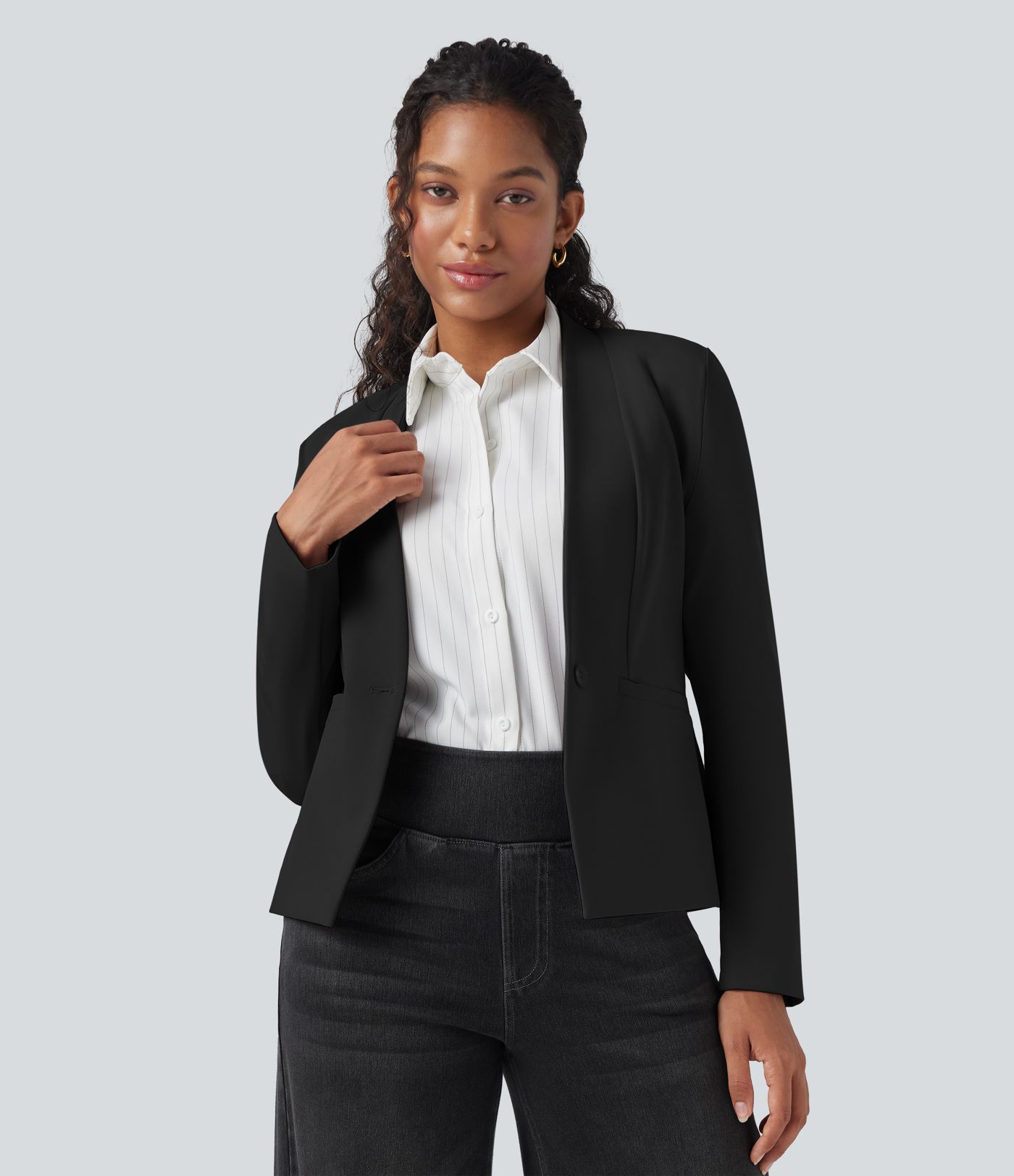 Long Sleeve Twill Slim Work Blazer with Pockets