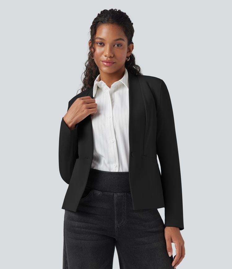 Long Sleeve Twill Slim Work Blazer with Pockets