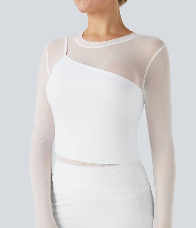 Top deportivo de yoga 2 en 1 de malla en contraste con cuello redondo y manga larga