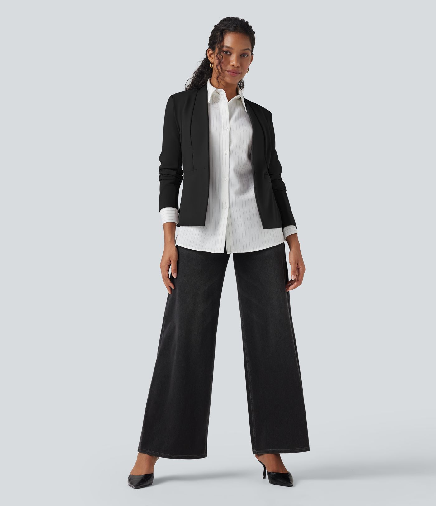 Long Sleeve Twill Slim Work Blazer with Pockets