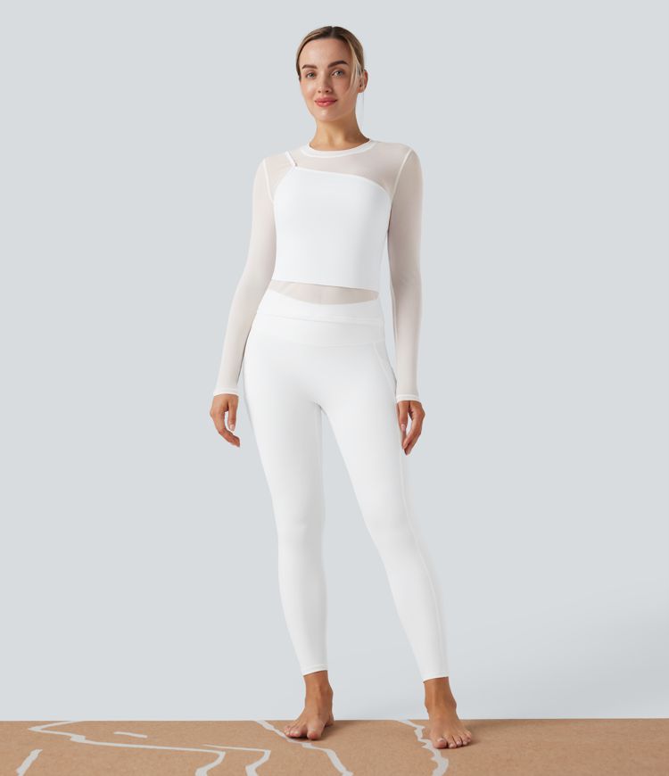 Top deportivo de yoga 2 en 1 de malla en contraste con cuello redondo y manga larga