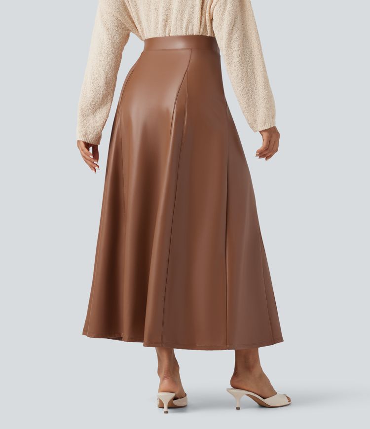 High Waisted Maxi Fleece Casual PU Leather Skirt