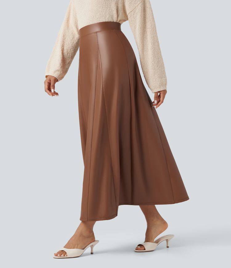 High Waisted Maxi Fleece Casual PU Leather Skirt