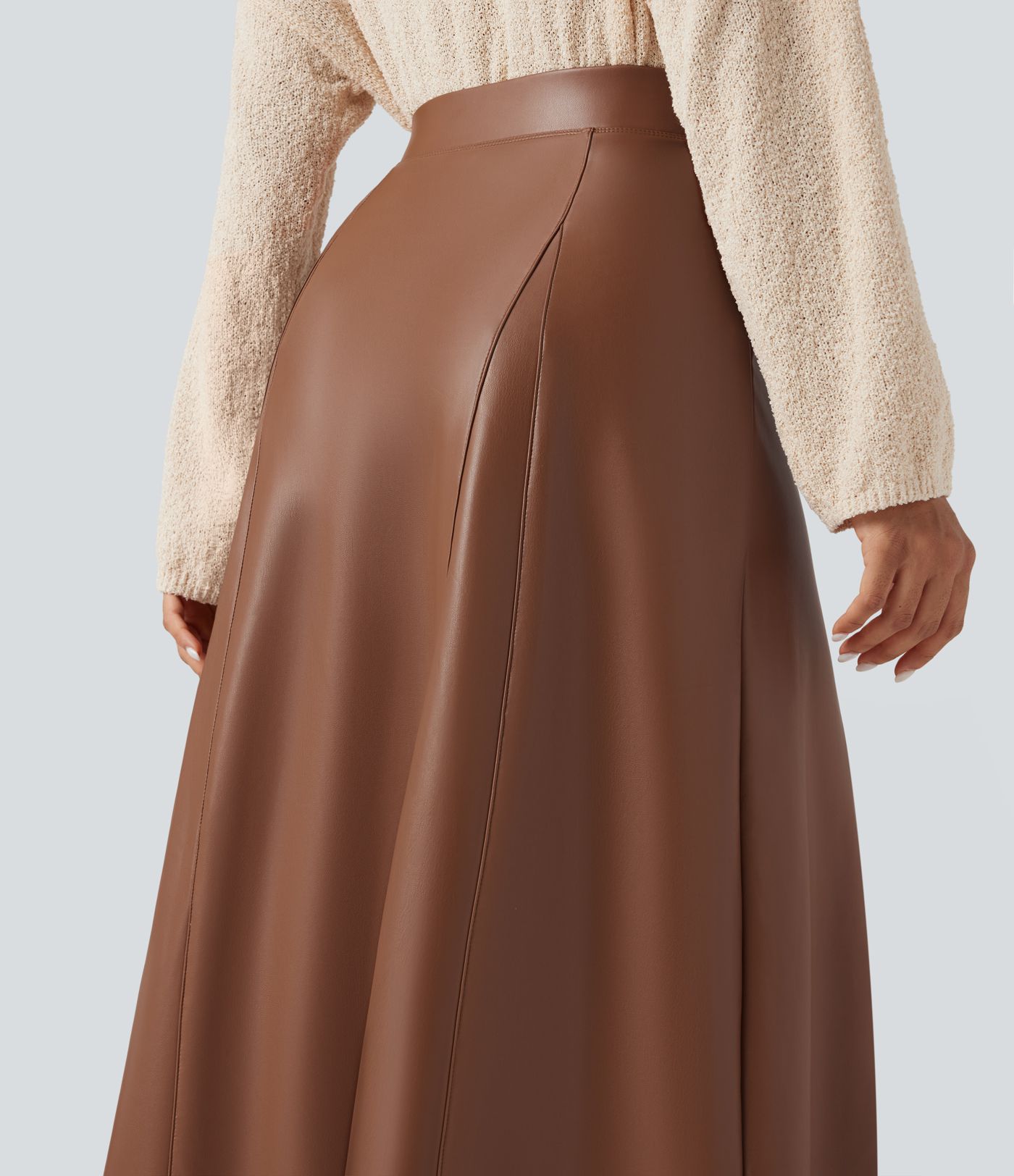 High Waisted Maxi Fleece Casual PU Faux Leather Skirt