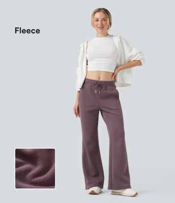 Mid Rise Drawstring Fleece Casual Flare Pants with Pockets